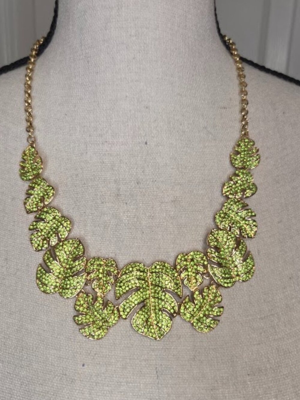 Green Rhinestone Tropical Leaf Statement Necklace Gold Tone